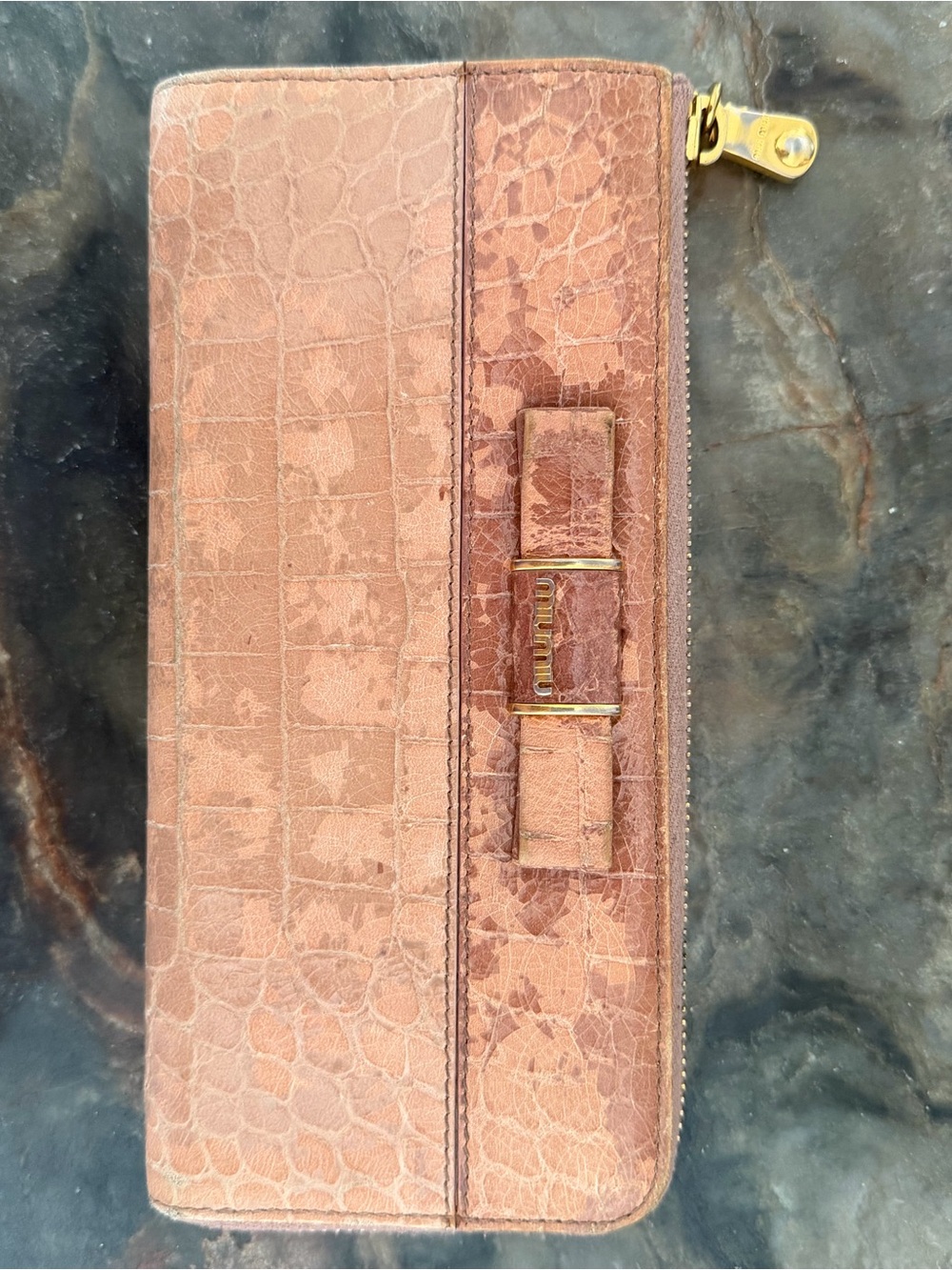MIU MIU Brown Croc-Texture Zip Wallet with Bow Accent